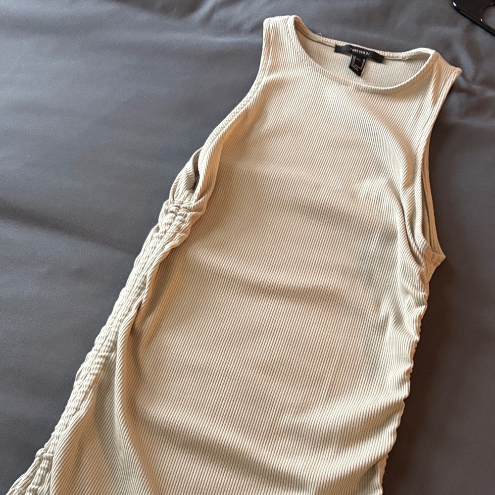 Forever 21 Cream Ribbed Runched side Mini Dress